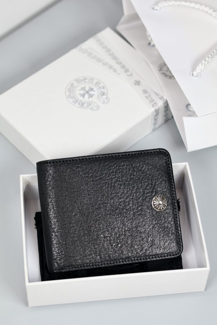 クロムハーツ CHROME HEARTS 1スナップ クロスボタン付き ブラックレザーウォレット