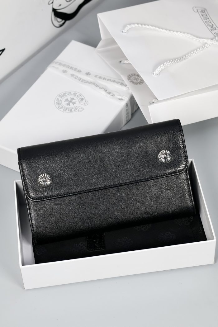クロムハーツ CHROME HEARTS WAVE 三つ折りウォレット ブラック クロスボタン装飾